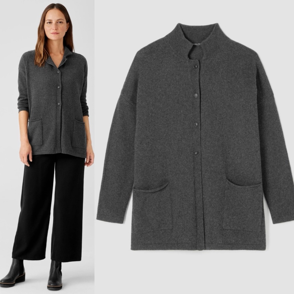 Eileen Fisher Cotton and Recycled Cashmere Cardigan Boxy Fit Button Down
